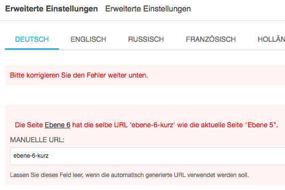 Fehlermeldung bei schon vorhandenem manuellen URL