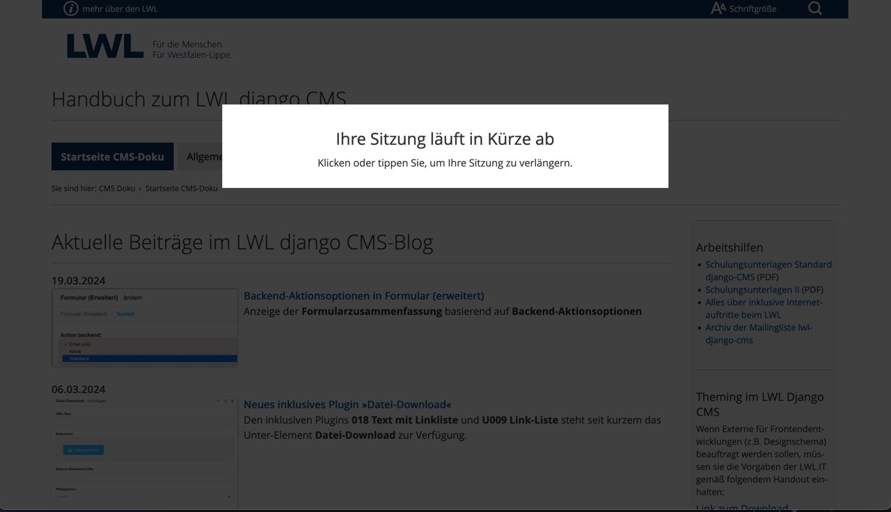 Screenshot: Hinweis im LWL django CMS zum baldigen Ablauf der User-Sitzung