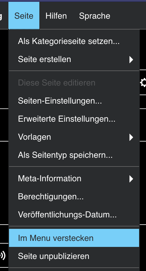 CMS-Menü »Seite › Im Menü verstecken«