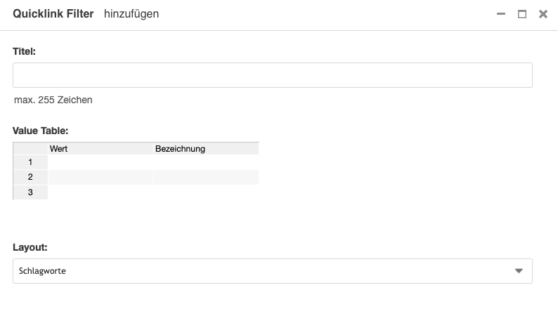 Screenshot Formular des Plugins 025E Quicklink-Filter