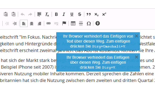 Hinweistext, dass das Einfügen von Text aus der Zwischenablage nicht erlaubt ist