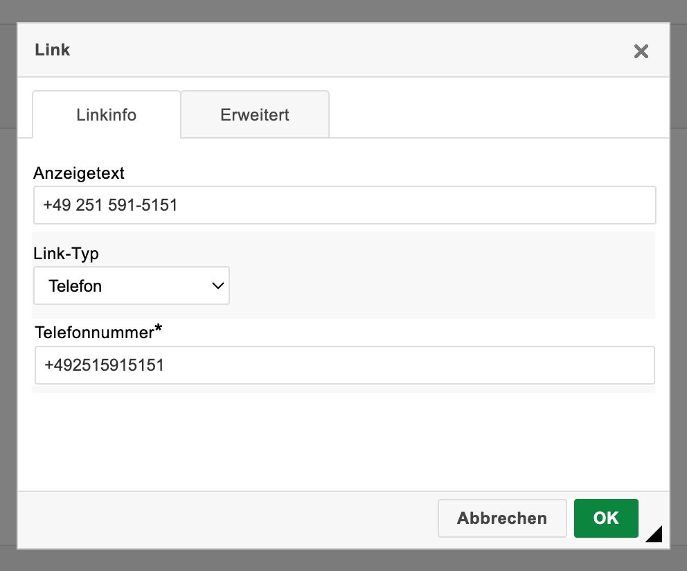 Screenshot Link/Telefonnummer hinzufügen im CKEditor