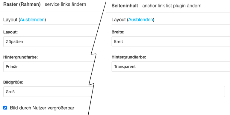 Kollage/Screenshot der Formularfelder der Plugins 012 Raster und 015 Seiteninhalt mit ausgeklappten Layout-Optionen