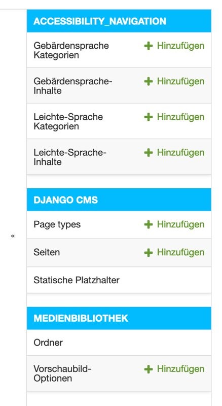 Screenshot django CMS-Administration mit neuer linker Sidebar