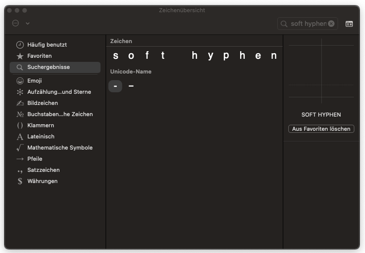 Screenshot Zeichenübersicht auf MacOS (im Darkmode)