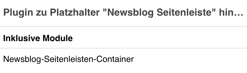 Screenshot Dialog »Plugin hinzufügen« mit der Auswahl Newsblog-Seitenleisten-Container
