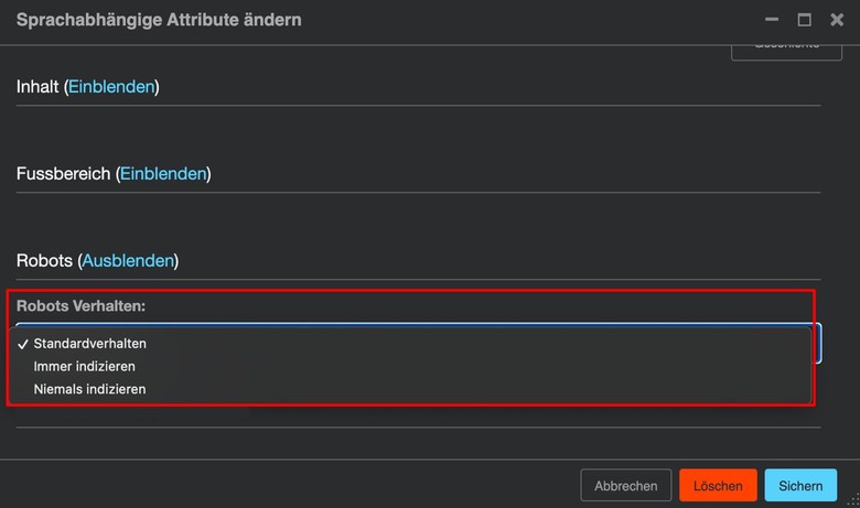 Auswahlliste »Robots« in den »Sprachabhängigen Einstellungen«