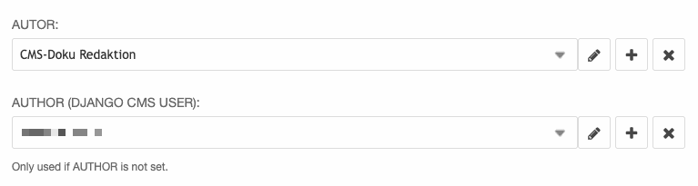 Auswahllisten für Autor:in (oben) und django CMS Redakteur:in (unten)