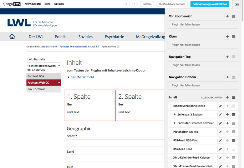 Strukturmodus im LWL django CMS 3.5