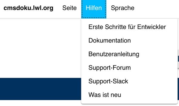 Screenshot django CMS toolbar mit ausgeklapptem (neuem) Hilfe-Menu