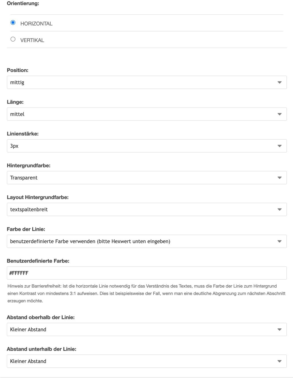 Screenshot Formular Abschnittsline – Konfigurationsbeispiel als Abstand