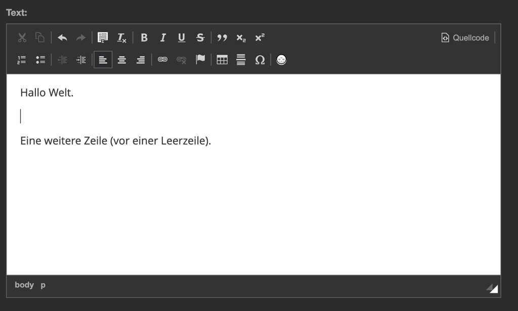 Screenshot des RichTextEditors mit zwei Absätzen Beispieltext, dazwischen ein leerer Absatz mit Cursor