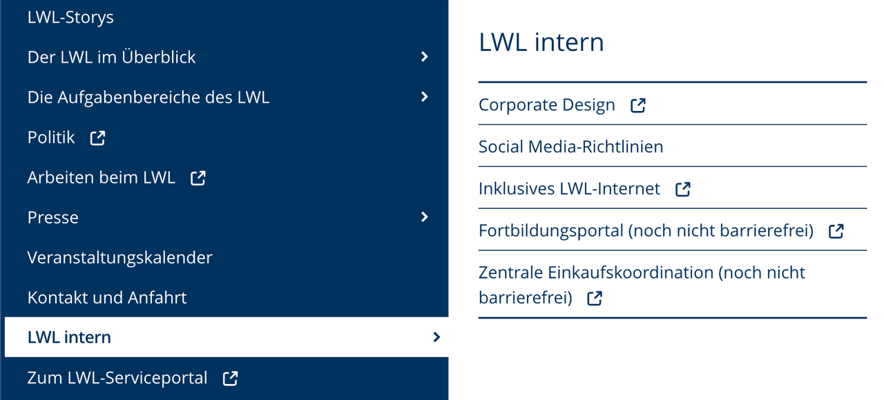 Screenshot der Hauptnavigation von www2.lwl.org